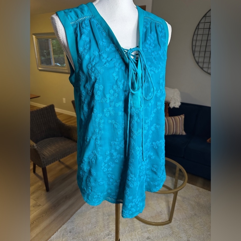 Maeve Anthropologie Turquoise Top with Lace Detail And lace up tie detail